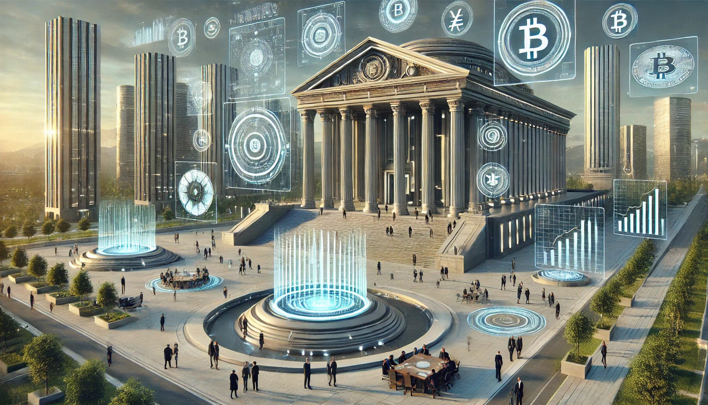 A utopian community with a futuristic government-like financial institution at its center, serving as a cryptocurrency reserve. The architecture is sleek and modern, with institutional design elements such as grand columns and metallic facades, blending high-tech aesthetics with authority. Holographic financial charts and abstract digital currency symbols float above, emphasizing policy and governance. People of diverse backgrounds discuss finance and regulation in a professional setting. The environment is less green, with more urban infrastructure, paved walkways, and minimal greenery. The atmosphere is illuminated with a balanced, neutral lighting tone, giving a sophisticated yet optimistic feel. Created Using: digital painting, hyper-detailed, futuristic institutional architecture, cinematic lighting, modern color palette, photorealistic elements, depth of field, ultra-HD quality --ar 16:9