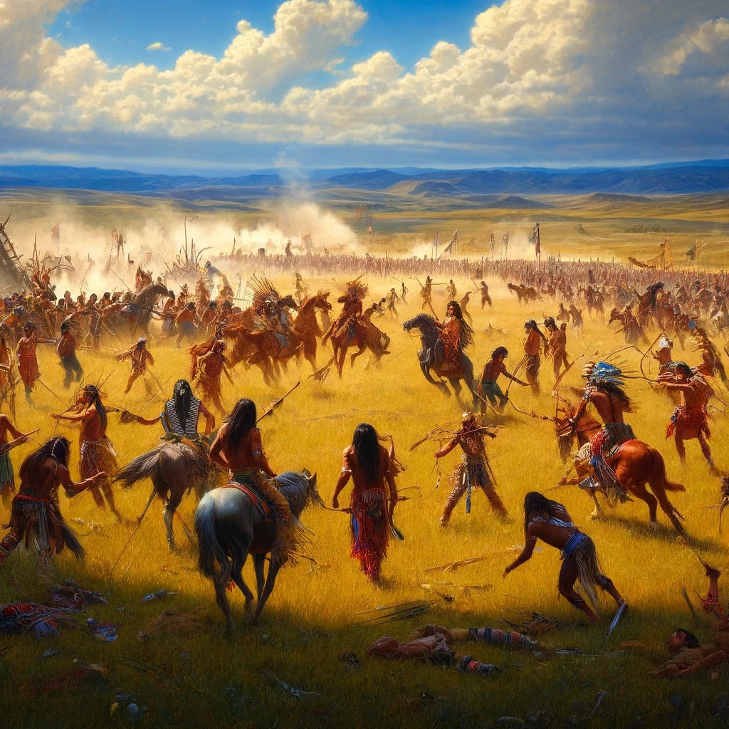 A scene of Comanche ritual preparations in a vast, open plain under a wide, blue sky. The atmosphere is vibrant yet solemn, filled with the essence of ancient traditions. Dozens of Comanche warriors are depicted in various states of activity: some engaged in mock battles, brandishing traditional weapons such as bows, arrows, and lances, while others participate in sham hunts, pursuing imaginary foes across the grassy expanse. The focus is on the communal and spiritual aspects of the preparations, highlighting the unity and strength of the tribe. There's an emphasis on the natural beauty of the landscape, with distant mountains and a sprawling plain that underscores the connection between the Comanches and their ancestral lands. No graphic or masochistic practices are depicted; instead, the scene is filled with action, tradition, and a deep respect for the past.
