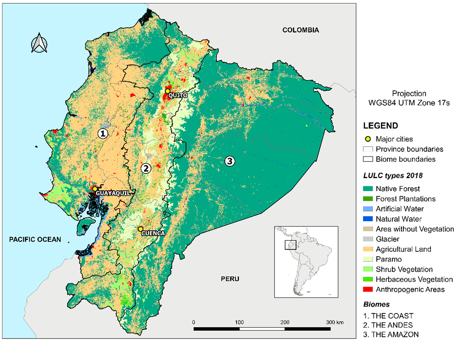 a map of ecuador broken up by different groundcover types. the entire astern half of the country is green, with a north-south strip of tan, denoting agricultural land. most of the western half of the country is tan, speckled with bits of darker and lighter green, denoting mostly agricultural land interspersed with forest.
