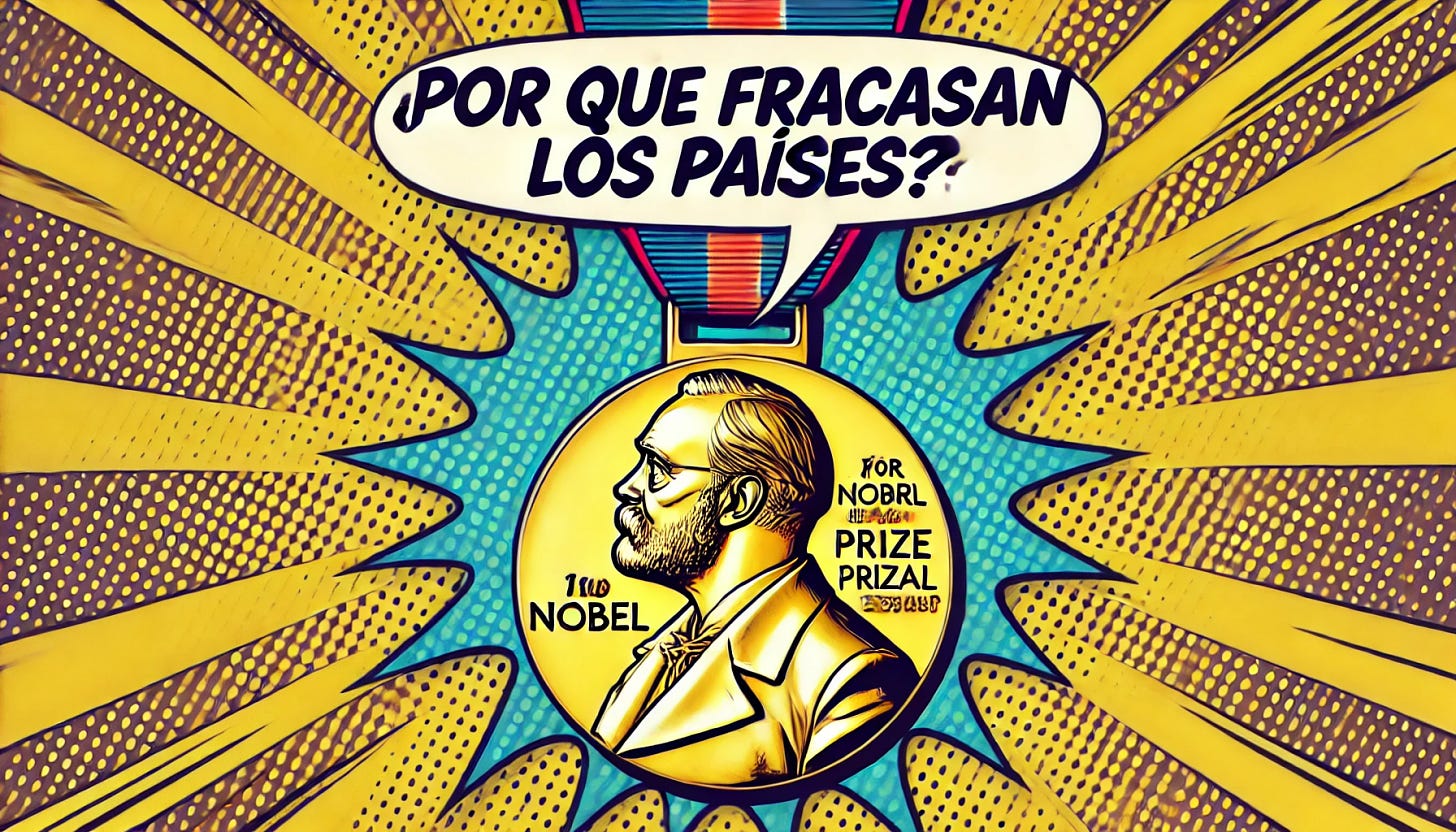 A pop-art style illustration featuring the Nobel Prize medal with the text '¿Por Qué Fracasan los Países?' in a clear, bold, and well-aligned font. The Nobel Prize medal should be the central focus of the image, shining with a gold-like effect. The background should be vibrant but simple, ensuring that the text and medal are the clear focal points of the image.