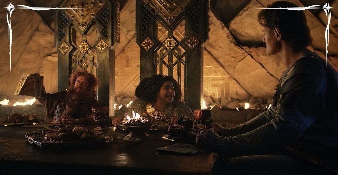 Durin, Disa and Elrond at dinner