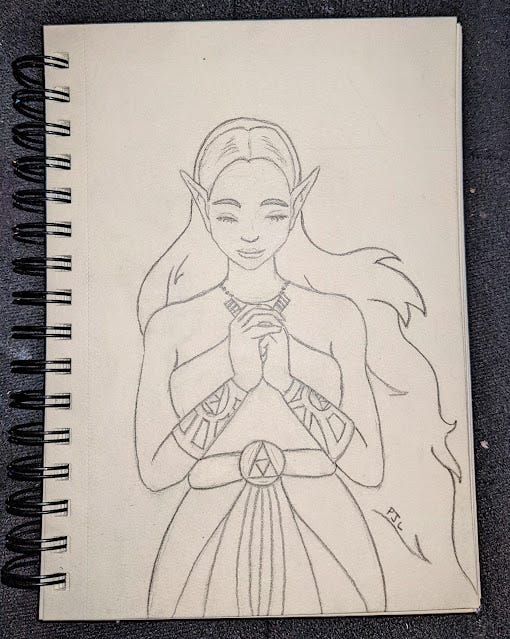 Pencil drawing of Zelda from Legend of Zelda Breath of the wild. Draw by fantasy author Patricia J.L.
