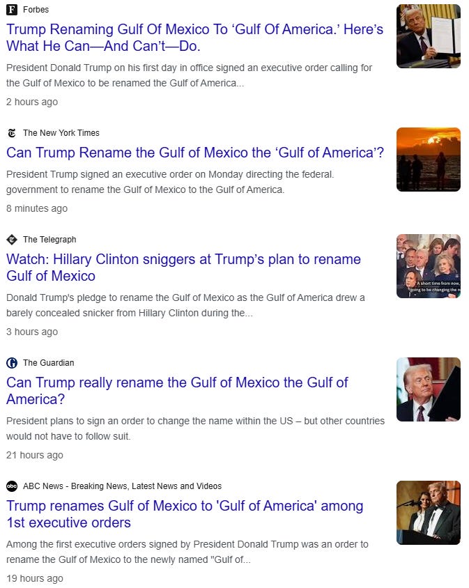 Snapshot of headlines from different news outlets covering Trump's annoucement about renaming the Gulf of Mexico