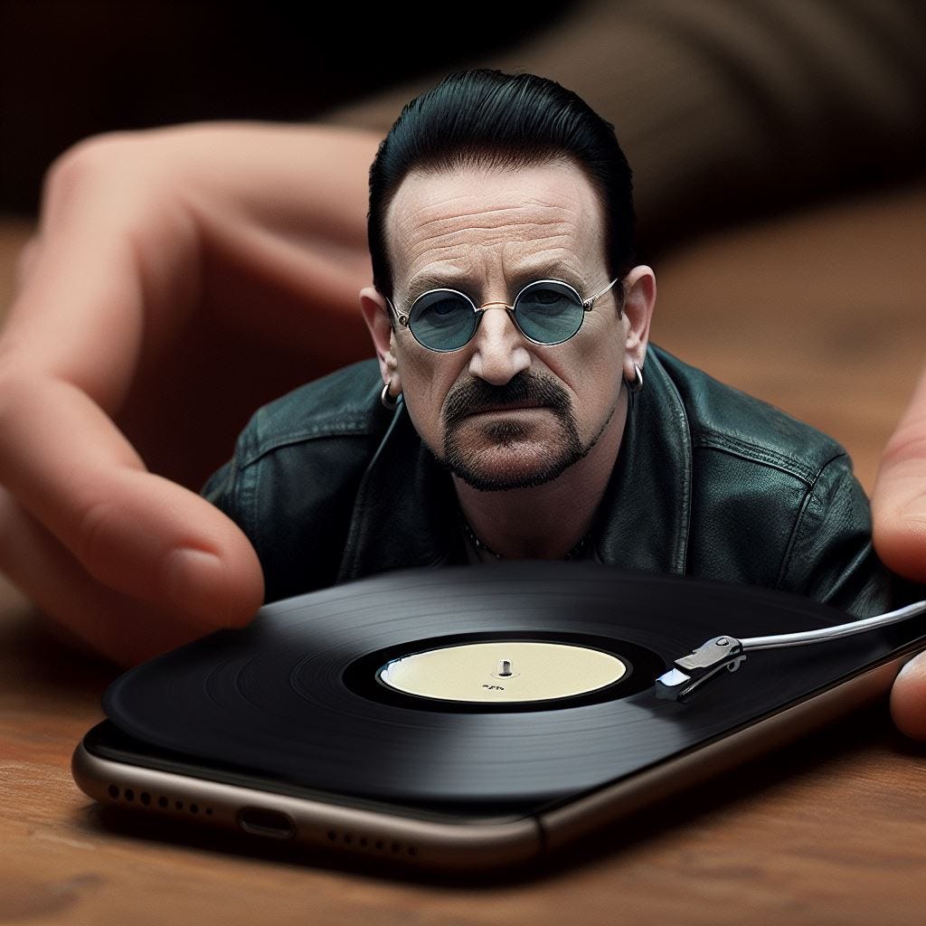 Bono physically pushing a vinyl album inside an iPhone