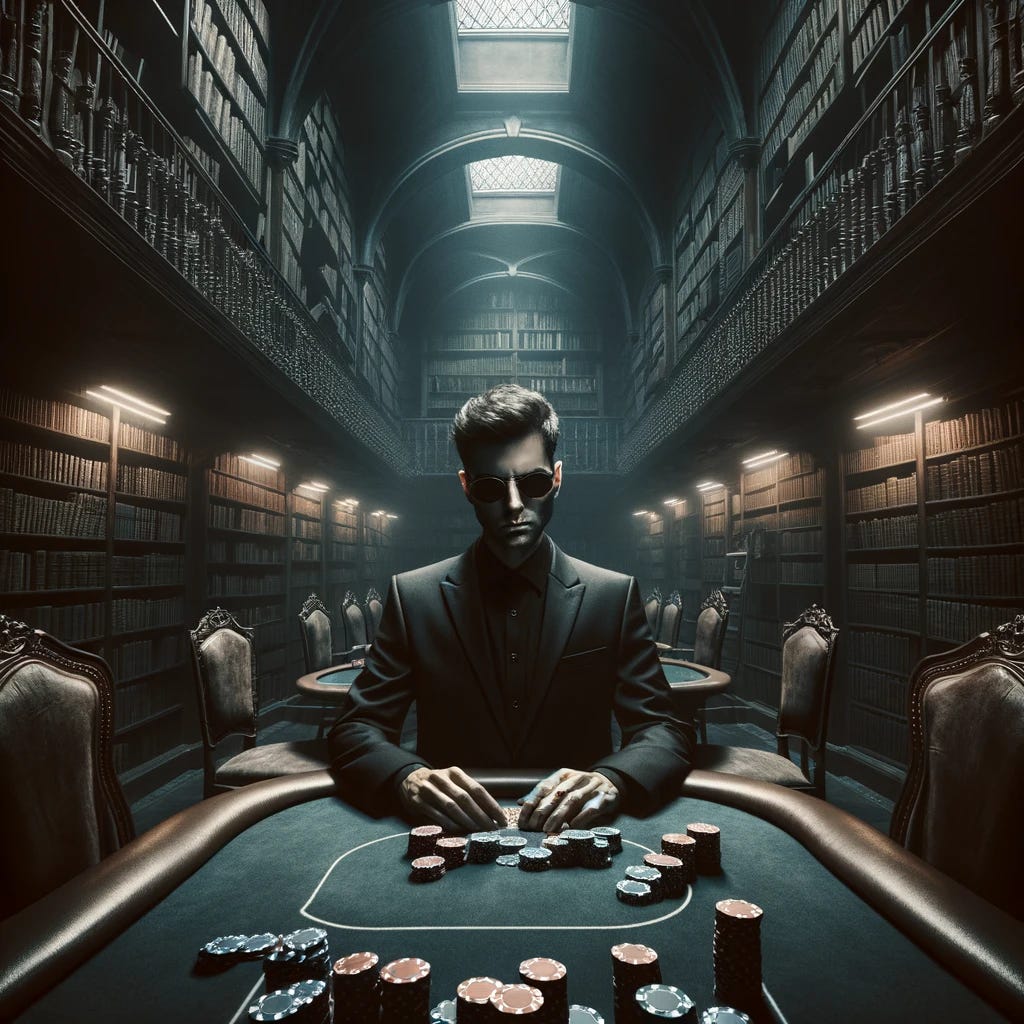 A mysterious and intelligent poker player is positioned in a dark, shadowy library, creating an atmosphere of intrigue and cunning. The library, dimly lit by a few overhead lights, casts deep shadows across the room, emphasizing the solemnity and mystery of the setting. Surrounded by tall, ancient bookshelves that disappear into the gloom, the poker player sits at a table covered with a dark cloth, poker chips, and cards spread out before them. Wearing a sharp suit and dark sunglasses, their expression unreadable, they exude an aura of intelligence and mystery. This player's presence in the library adds a layer of suspense and cerebral intensity to the scene, blending the worlds of strategic gameplay and intellectual pursuit in the shadowy ambiance.