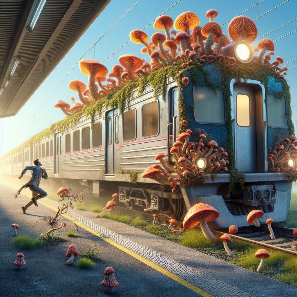 Create an image of a fungus train leaving a station while someone runs to catch up to it before it leaves