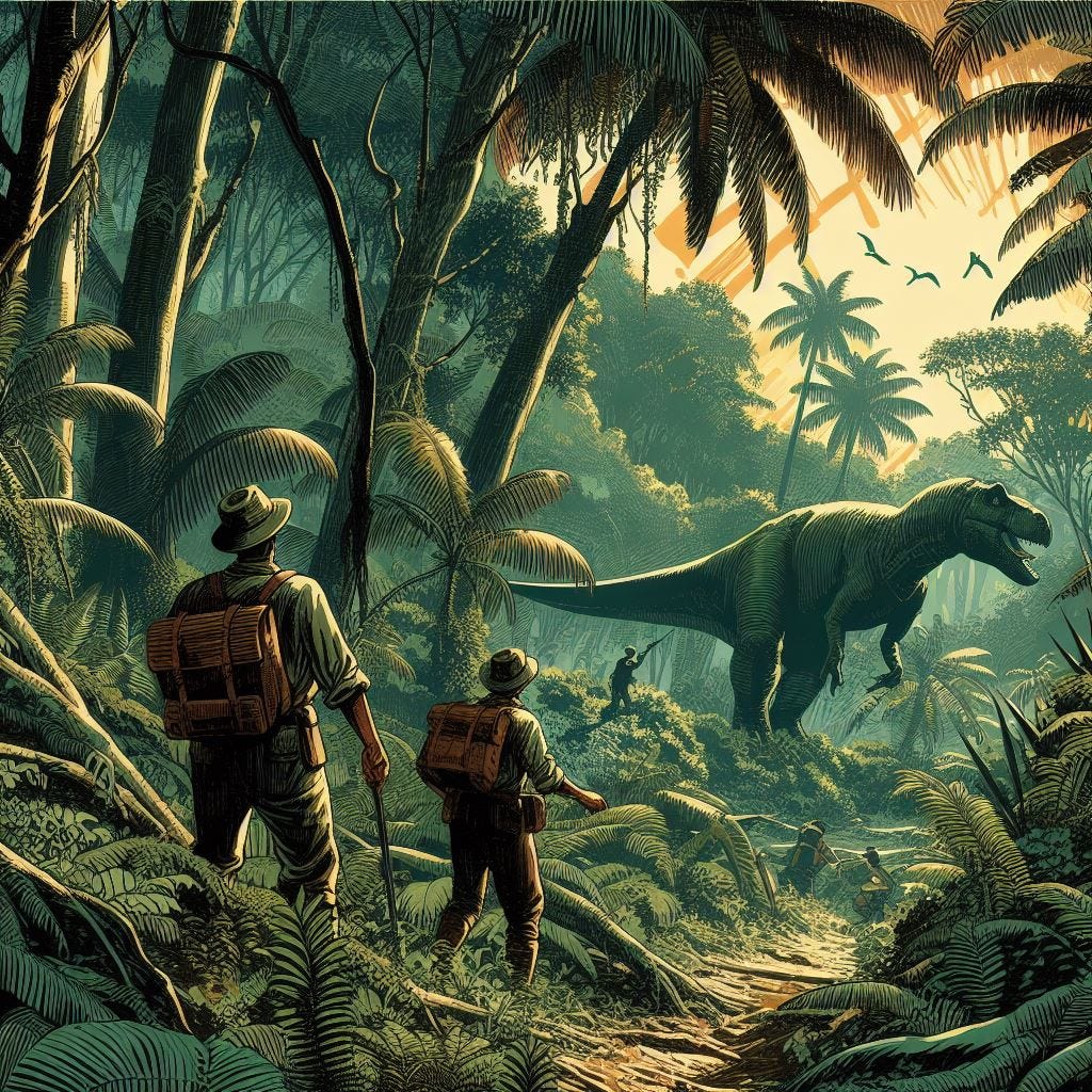 1930s era explorers hacking through a dense tropical jungle, with large sauropod dinosaurs visible through the foliage, intense noonday sun, in the style of a graphic novel illustration