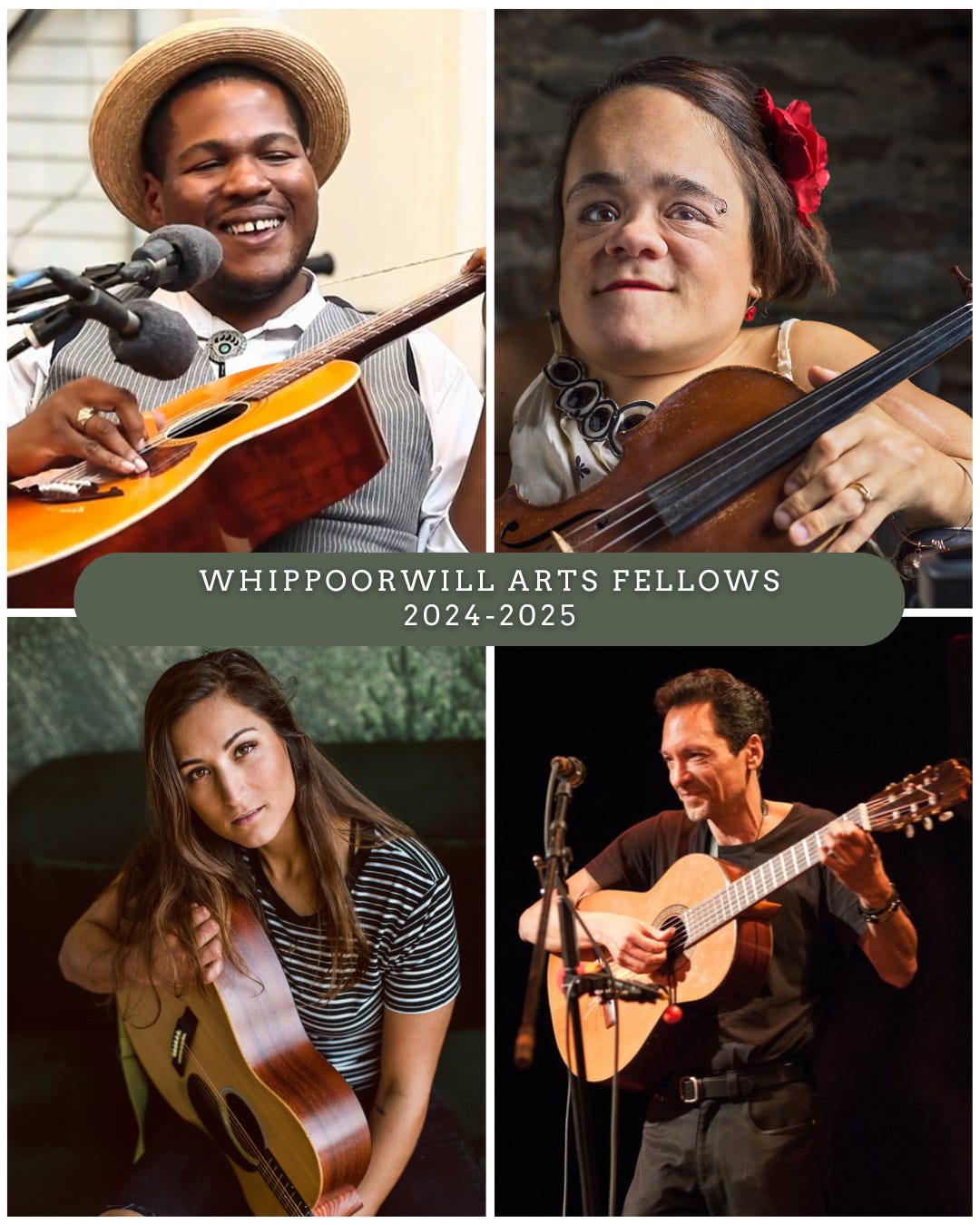 A picture of the 4 Whippoorwill Arts fellows, Jerron, Gaelynn, Angie and Abel.
