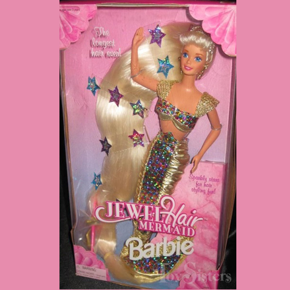 Jewel Hair Mermaid Barbie with impossibly long blonde hair and a gold bikini with jewelled mermaid tail