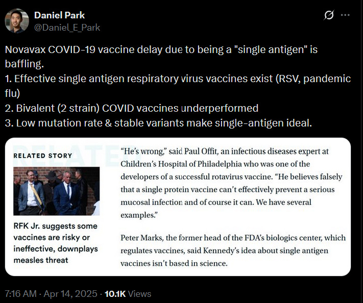 Daniel Park @Daniel_E_Park Novavax COVID-19 vaccine delay due to being a "single antigen" is baffling. 1. Effective single antigen respiratory virus vaccines exist (RSV, pandemic flu) 2. Bivalent (2 strain) COVID vaccines underperformed 3. Low mutation rate & stable variants make single-antigen ideal.