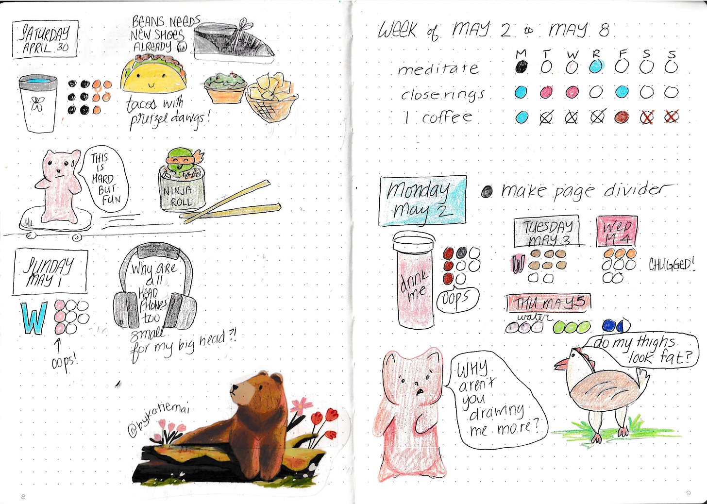 Two pages of a journal filled with colorful cute doodles from spring 2022.