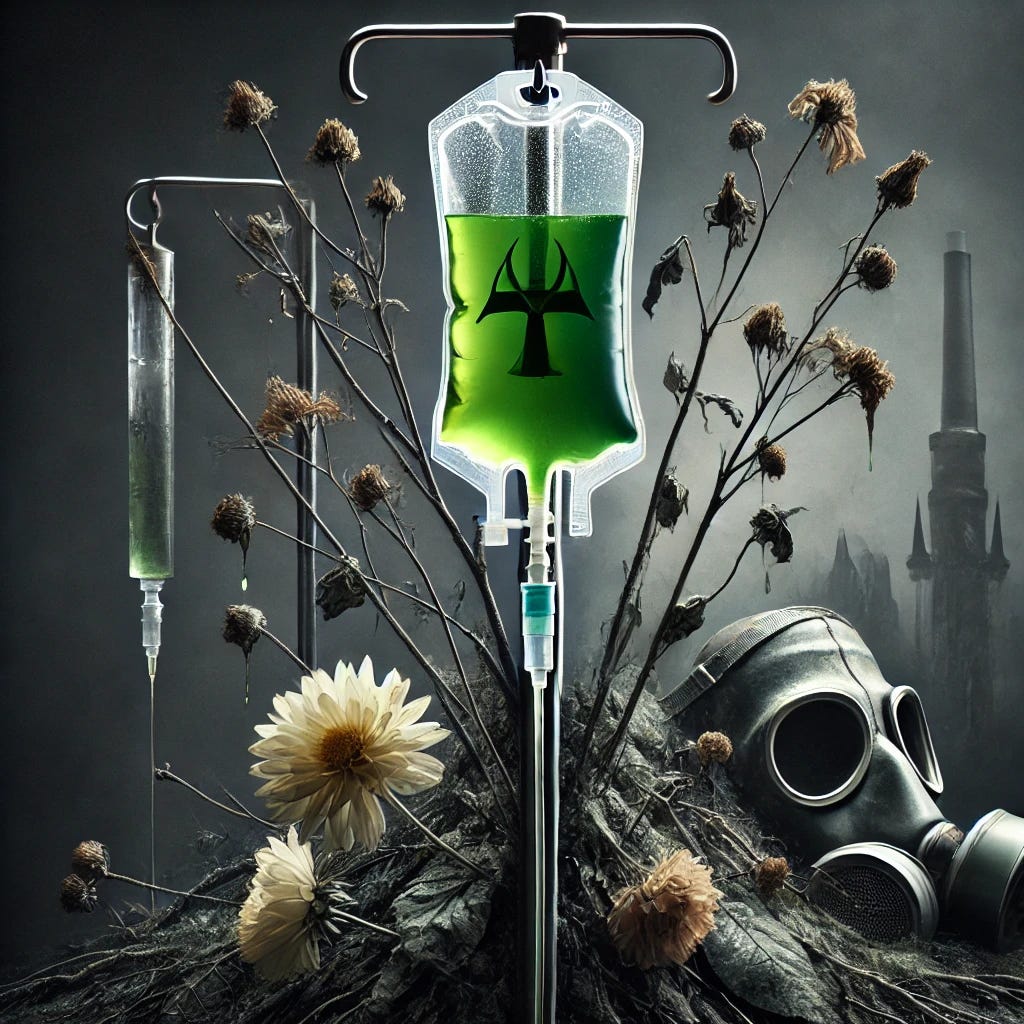 A visually impactful representation of the concept of chemotherapy as a double-edged sword, symbolizing its destructive effects. The image features a medical IV drip bag, dripping a toxic-looking green fluid, surrounded by fragile, withering flowers, representing life and vitality being compromised. In the background, a subtle reference to chemical warfare, with gas masks faintly visible in a dark, stormy atmosphere. The overall tone is somber and thought-provoking, evoking the harsh reality of chemotherapy’s effects.
