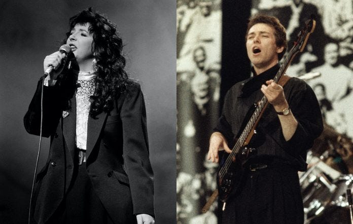 two side by side photographs of Kate Bush (left) and John Giblin (right) performing live onstage in the 1980s