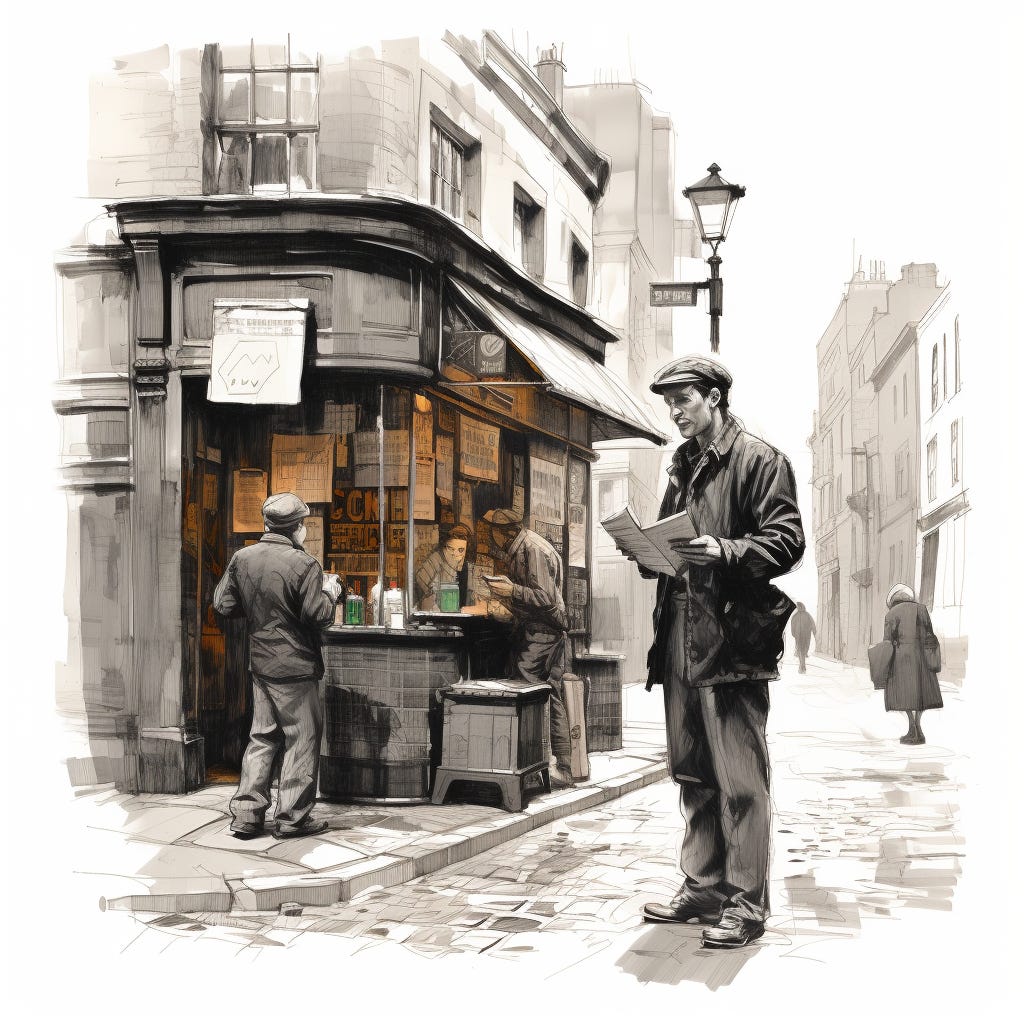 A sketch of a man reading a newspaper in front of a moderately busy newsstand.