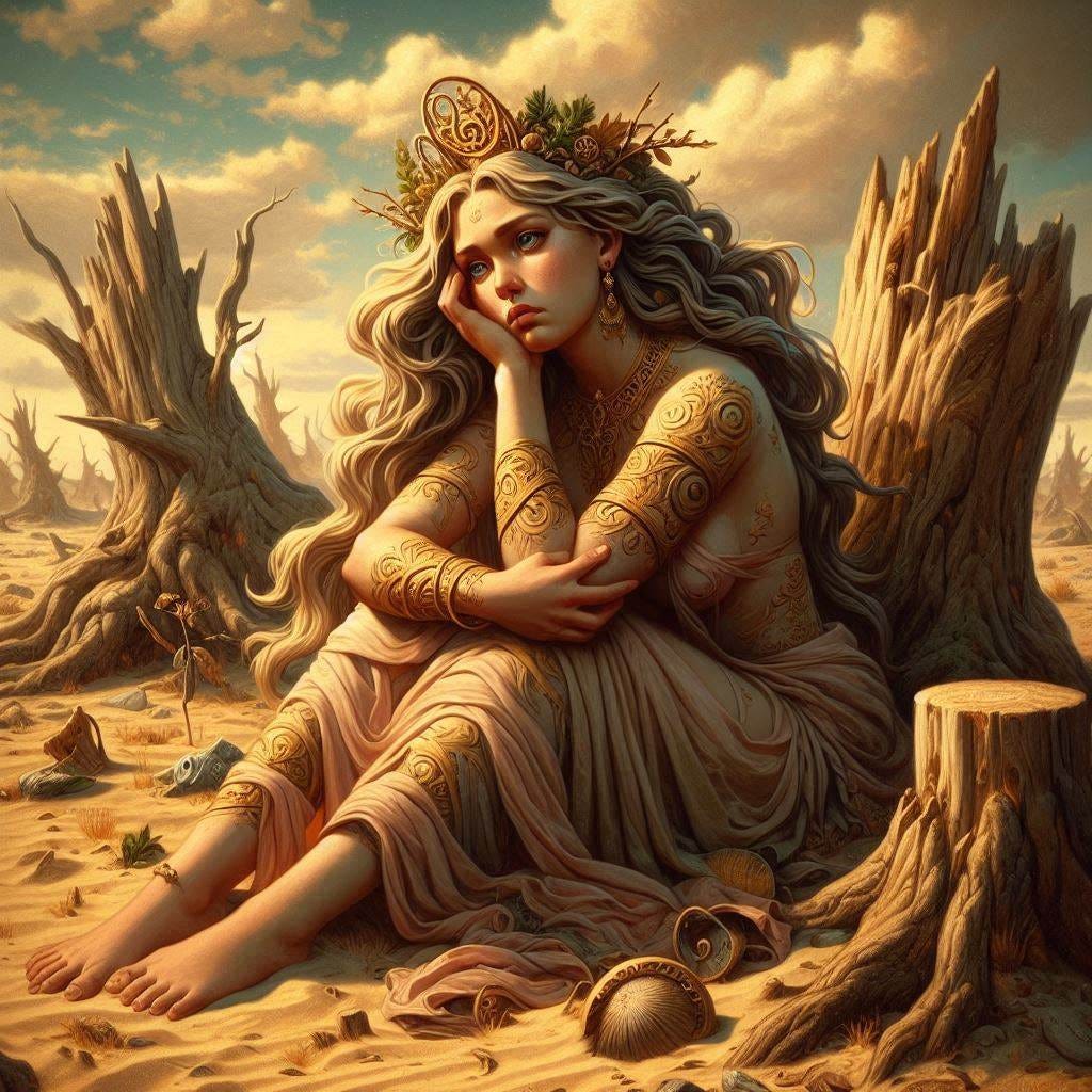 THe Goddess Gaia sitting sorry in a desert with tree stumps around