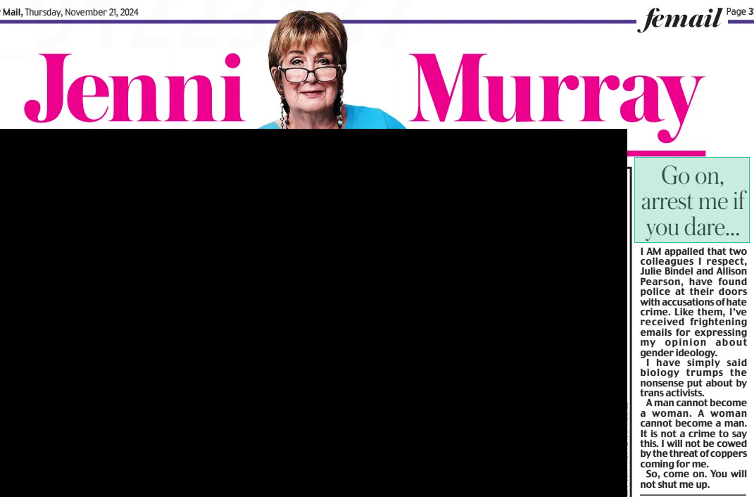 Go on, arrest me if you dare... Daily Mail21 Nov 2024  I AM appalled that two colleagues I respect, Julie Bindel and Allison Pearson, have found police at their doors with accusations of hate crime. Like them, I’ve received frightening emails for expressing my opinion about gender ideology.  I have simply said biology trumps the nonsense put about by trans activists.  A man cannot become a woman. A woman cannot become a man. It is not a crime to say this. I will not be cowed by the threat of coppers coming for me.  So, come on. You will not shut me up. ÷ I WAS thinking of buying a tumble dryer until I read of the mother and son who died in a fire caused by one. Her grandson, who complained to the manufacturer Whirlpool, said: ‘It’s like bringing a bomb into your home.’  I’ll stick with the line outside in the summer and the radiators in winter.  Article Name:Go on, arrest me if you dare... Publication:Daily Mail Start Page:35 End Page:35