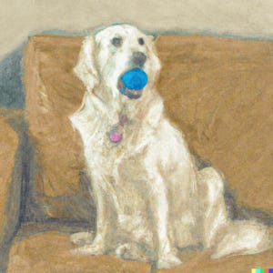 A watercolor depiction of a golden retriever with a ball in her mouth.