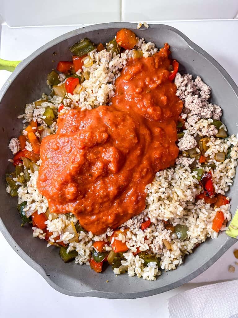 meal prep with ground turkey, veggies and rice