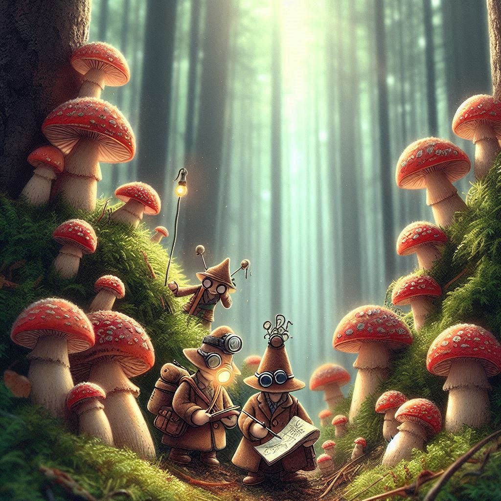 mushroom-people archaeologists in the woods, drawing