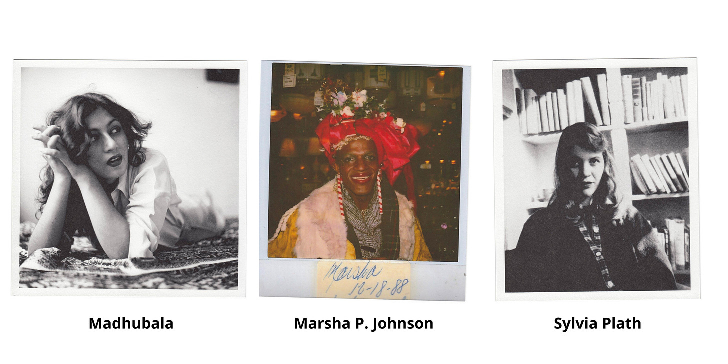 Tre ritratti in fotografie d'epoca: Madhubala, Marsha P. Johnson e Sylvia Plath. Tre ritratti in fotografie d'epoca: Madhubala, Marsha P. Johnson e Sylvia Plath.