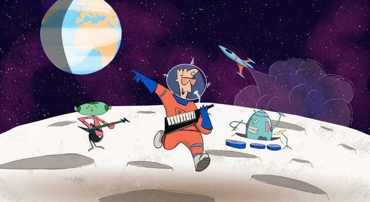 A cartoon of a musician space man on the Moon A cartoon of a musician space man on the Moon