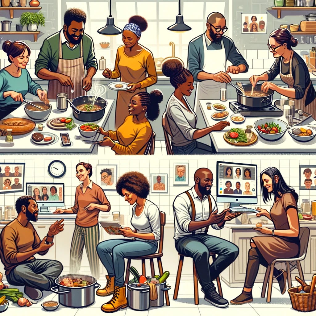 A picture of a diverse group of people creating food with others and connecting with people on screens.