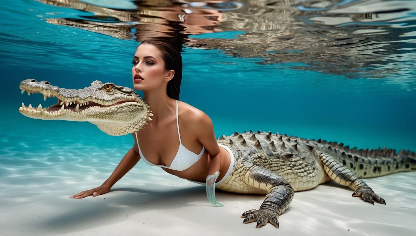 a woman is swimming with a crocodile. 