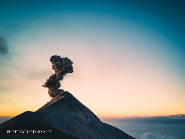 Eruption of volcano of fire in Antigua, Guatemala at sunset