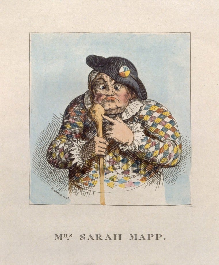 A 19th-century coloured lithograph shows a large, grumpy, cross-eyed woman dressed in diamond-patterned harlequin outift. She is wearing a black hat at a jaunty angle and is staring at the end of a human leg bone.