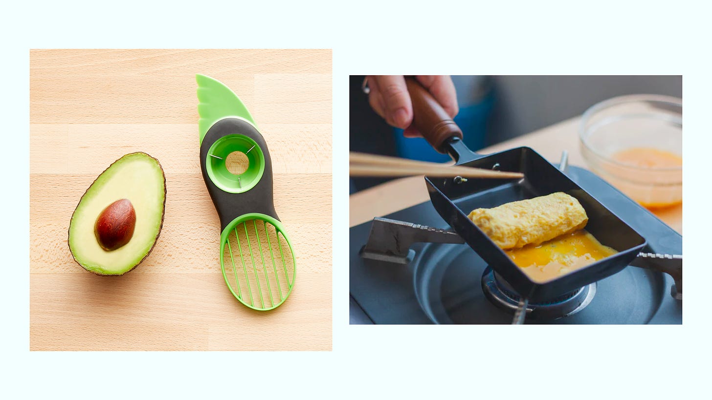 on the left, a cross section of an avocado next to an avocado-colored device with a section to pull out the peal, a blade, and a gridded slicer. on the right, a small rectangular pan with a single egg rolled up in it over a stove