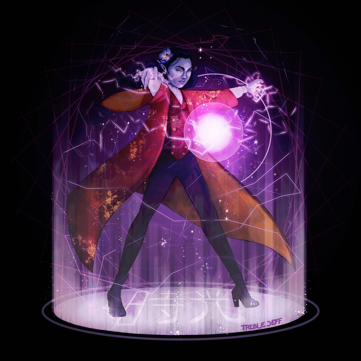 An illustration of Ptemfuzhi, Sebastian’s D&D character. Ptem is a thin drow with purple skin, long black hair, and East Asian features. He wears a white blouse with lace detail, a red silk waistcoat, tight black trousers, and black heeled boots. She stands with her legs apart and his hands out around a ball of white lightning energy.