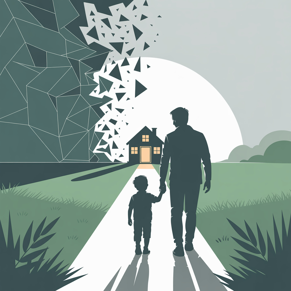 Vector illustration of a parent and child walking away from a fragmented clinic toward a glowing home. Symbolic of autism care shifting from provider-led to parent-centered models
