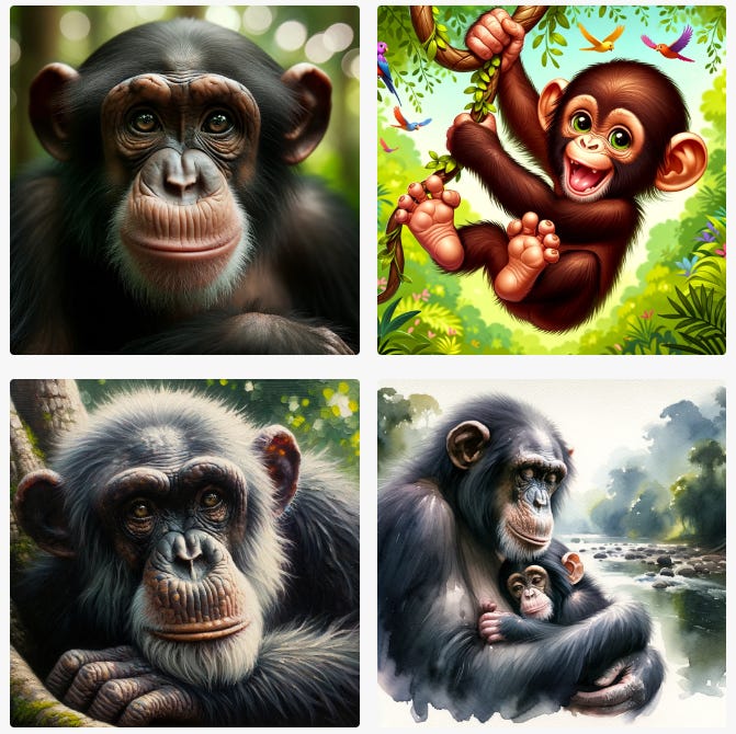 Four diverse chimpanzee portraits by DALL-E 3