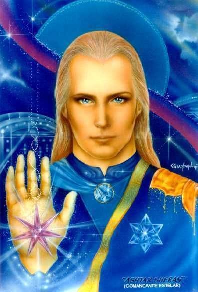 Painting of a human-looking alien, with light skin and long blonde hair