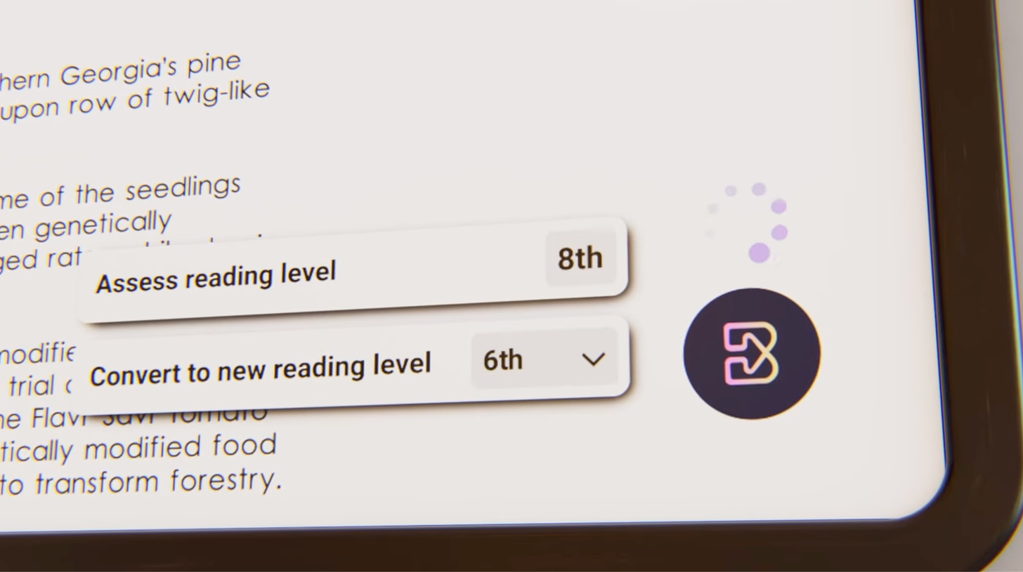 A screenshot of Brisk AI where the teacher can use a dropdown menu to convert an article to a new reading level.