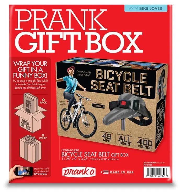 prank-o bicycle seat belt prank gift box