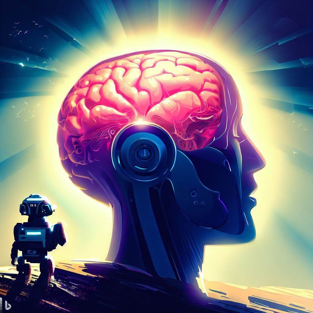 Human brain thinking and Robot looking at it in an awe, vector graphic, epic, illustration, digital art, flat colors, futuristic, hd, realism