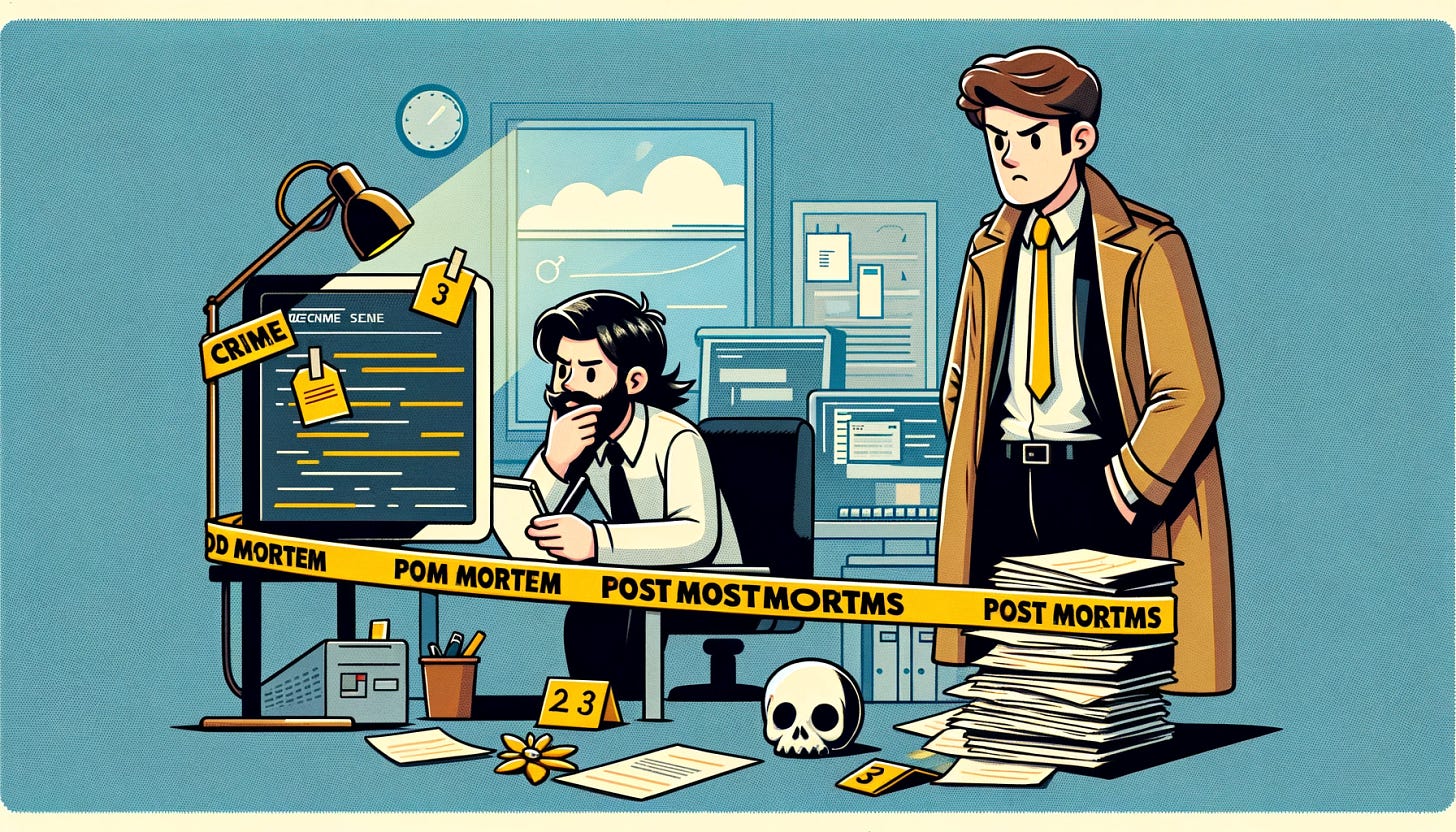 A simple comic illustration in a 16:9 aspect ratio depicting an allegory on post mortems. The comic shows a detective theme, with a character styled as a detective looking at a 'crime scene' where a computer and a pile of papers are marked with yellow tape. The detective is taking notes, symbolizing the analysis of what went wrong. Another character, resembling a developer, looks on anxiously, representing the involvement and concern of those impacted by the issues being investigated. The setting is an office, with computers and technical equipment in the background, emphasizing the tech environment.