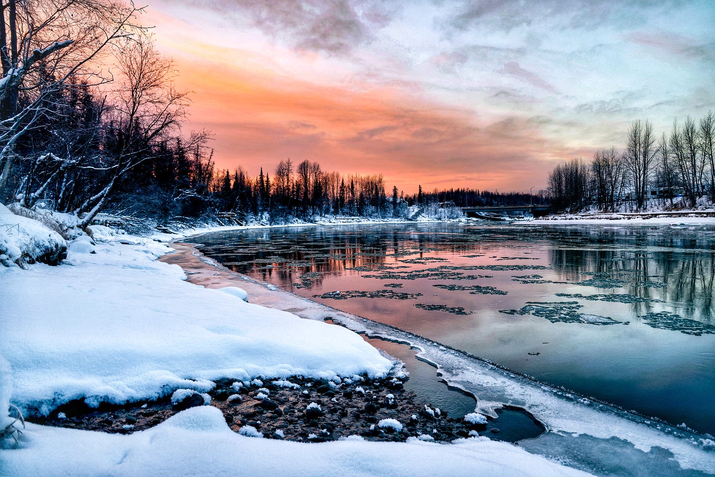Winter sunset on river