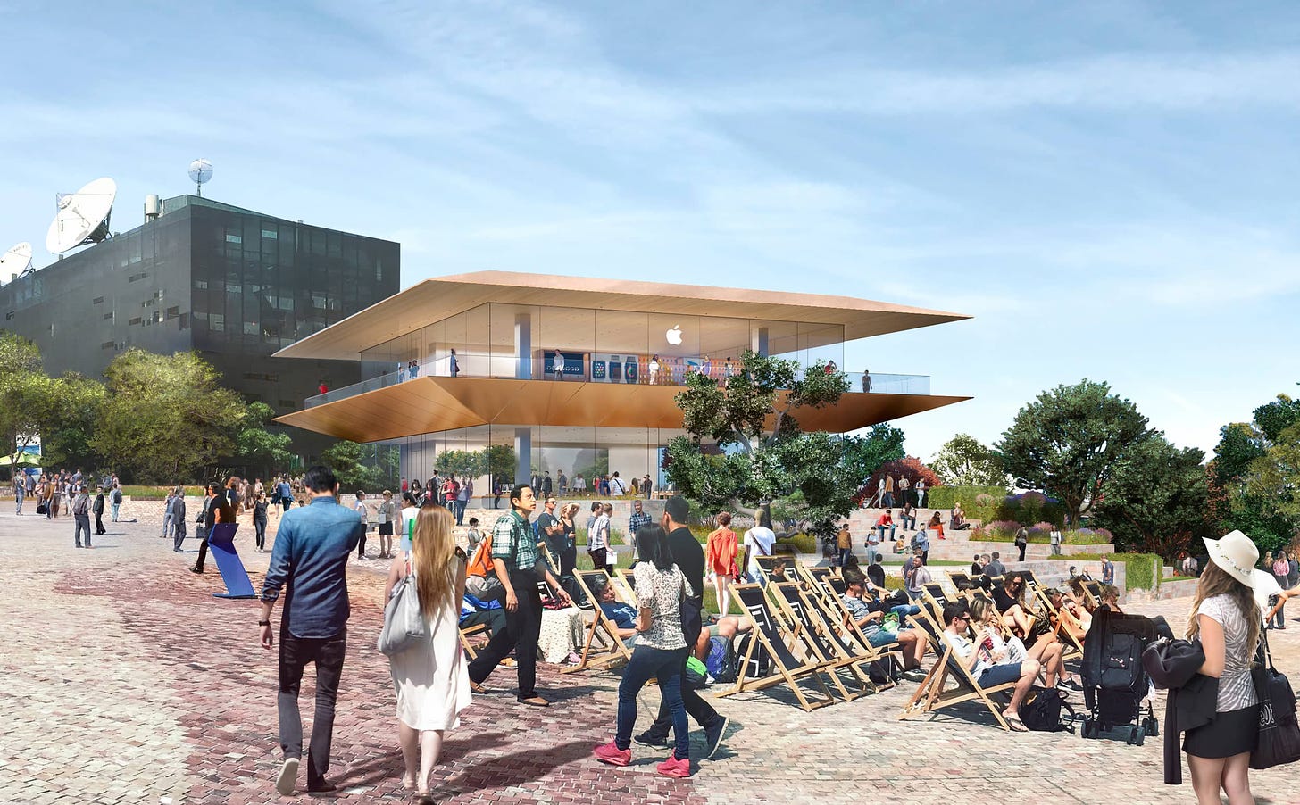 A rendering of Apple Federation Square. The store is two levels, each shaded by a large canopy.
