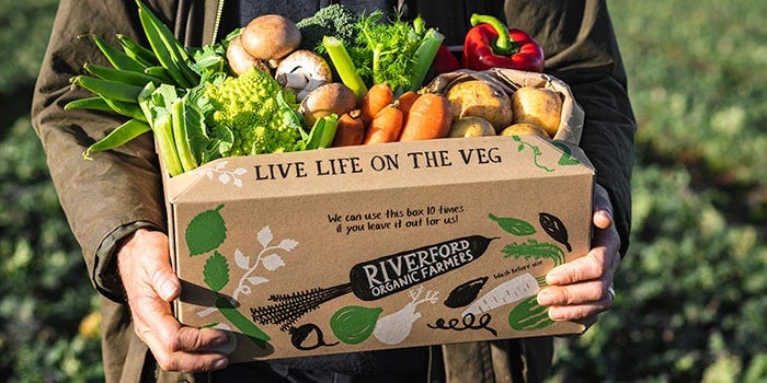 A Riverford vegetable box scheme box full of vegetable varieties. Credit: Riverford Organic Farmers.