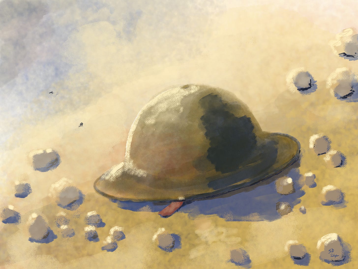 Pastel sketch: World War 1 British Army pattern steel helmet on a rocky hillside in bright sunlight