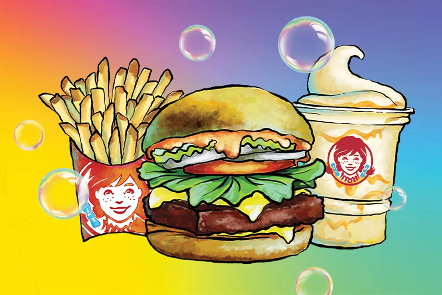 An illustration of Wendy’s Krabby Patty Kollab Burger and Pineapple Under the Sea Frosty.