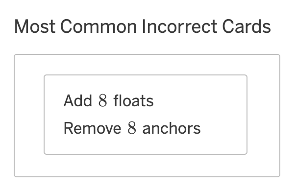 An image of the "Most Common Incorrect Card" next to a card that says "Add 8 floats. Remove 8 anchors."