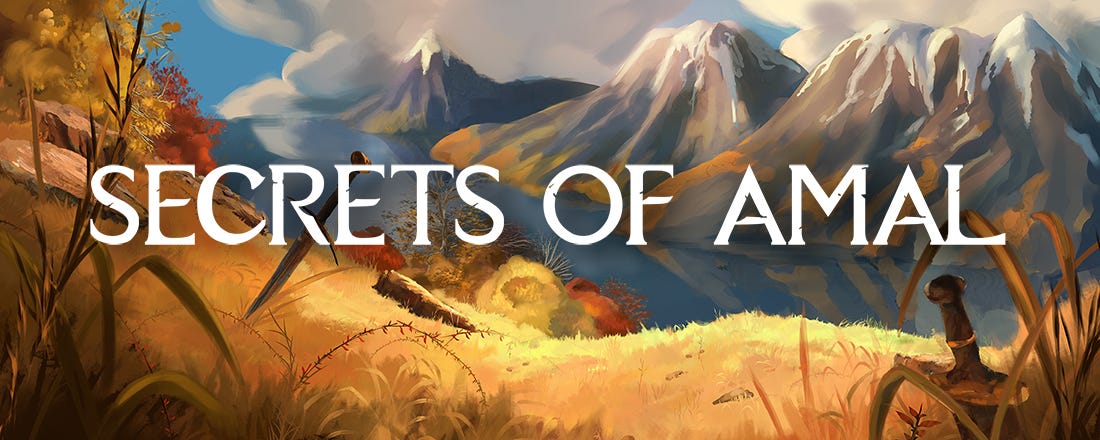 The "Secrets of Amal" banner against the backdrop of a rolling mountainscape