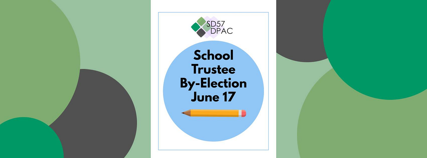 May be a graphic of text that says 'SD57 DPAC School Trustee By-Election June 17'