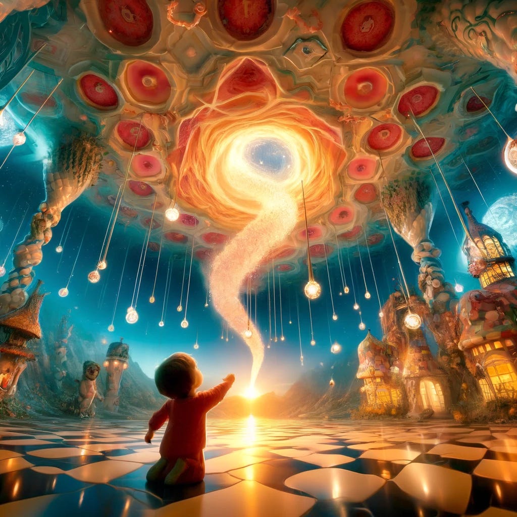 A hyper-realistic scene where a child with eyes filled with amazement reaches out towards a luminescent tornado, amidst elements of a fantasy world. This world combines coral Quatrefoil, cream Gothic Tracery, and louver yellow and chartreuse ceiling tiles with iconic structures like Hundertwasserhaus and an Asian pagoda under a clear blue sky. Stringed prisms of light and noctilucent clouds spiraling into a magical portal add to the mystique. The atmosphere is imbued with a sense of wonder and ethereal beauty, highlighted by the child's innocent curiosity. Created Using: detailed realism, vibrant color palette, magical light effects, fantasy architecture fusion, surreal cloud formations, emotional depth, childlike wonder, tilt-shift effect, dreamlike quality, ethereal sky