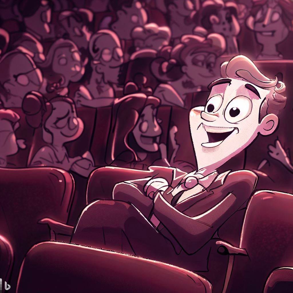 A cartoon of a man in a suit sitting in a theater excited to see a musical.