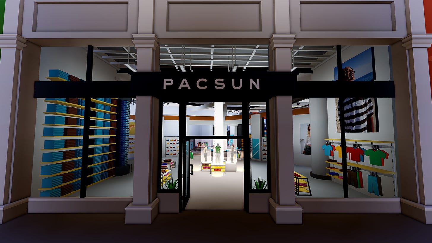 A virtual Pacsun store in the Pacsun Los Angeles Tycoon Roblox experience