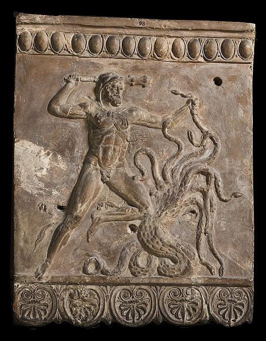 r/mythology - Hercules fighting the Lernean Hydra. Roman, 50 BC.-AD. 50